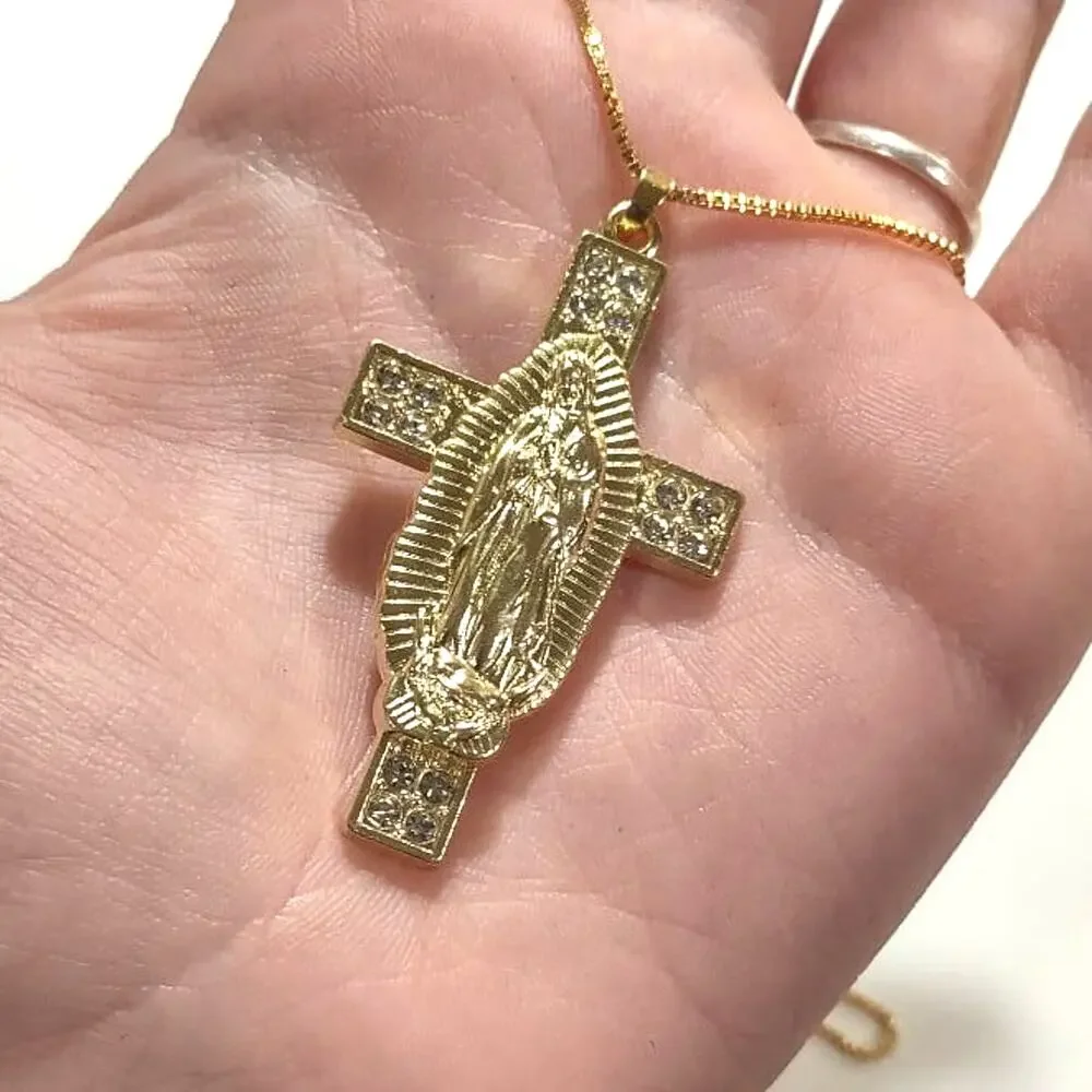 Necklace Gold Plated Silver Virgin Mother Mary Cross Gemstones Christian